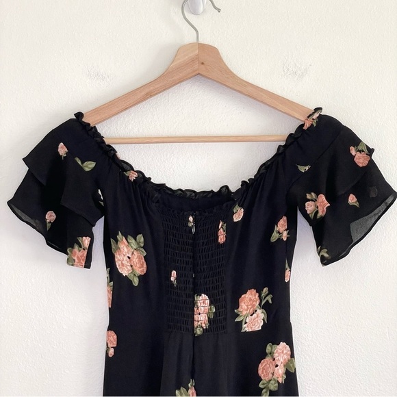 Reformation Diana Dress Floral Off Shoulder Mini Dress Black Pink 0 Petite - Picture 9 of 16